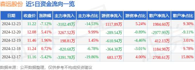 股票行情快报：森远股份（300210）12月23日主力资金净卖出3102.49万元