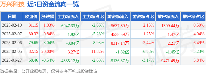 股票行情快报：万兴科技（300624）2月10日主力资金净卖出6947.33万元