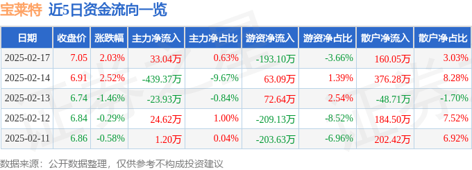 股票行情快报：宝莱特（300246）2月17日主力资金净买入33.04万元