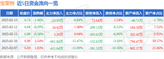 股票行情快报：宝莱特（300246）2月13日主力资金净卖出23.93万元