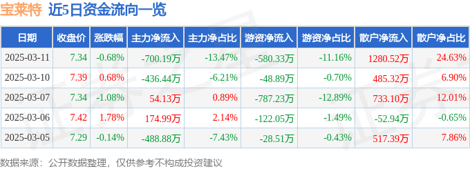 股票行情快报：宝莱特（300246）3月11日主力资金净卖出700.19万元