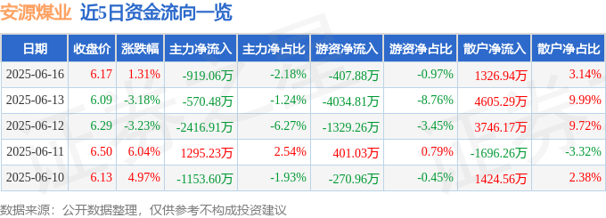 股票行情快报:安源煤业(600397)6月16日主力资金净卖出919.06万元