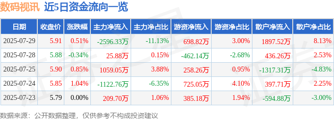 股票行情快报：数码视讯（300079）7月29日主力资金净卖出2596.33万元