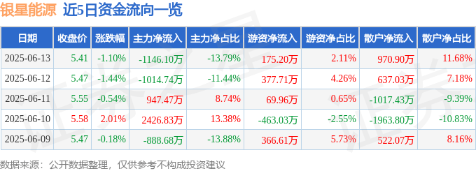 股票行情快报:银星能源(000862)6月13日主力资金净卖出1146.10万元