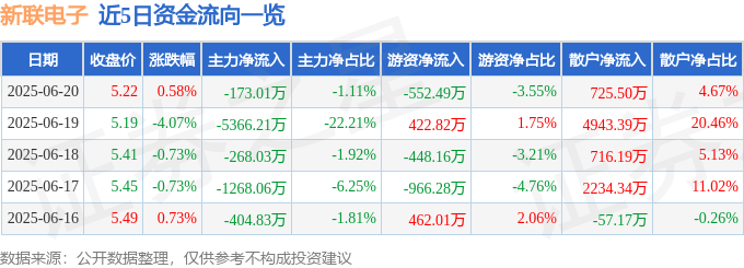 股票行情快报:新联电子(002546)6月20日主力资金净卖出173.01万元
