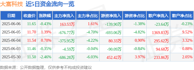 股票行情快报:大富科技(300134)6月6日主力资金净买入163.53万元