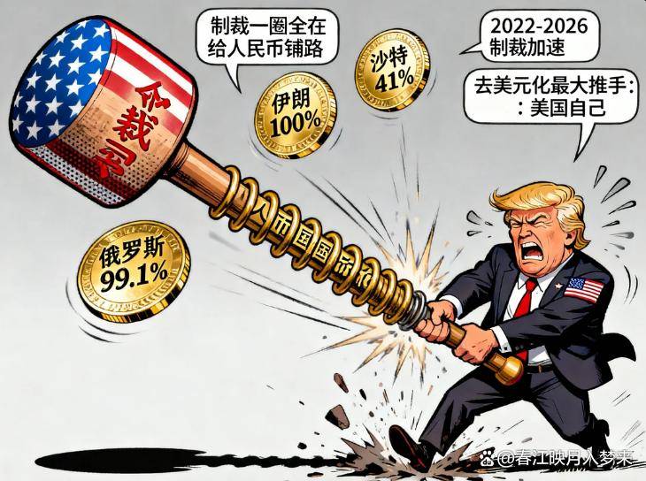 美国制裁谁谁就开始用人民币结算，一冻结资产对方就搬黄金。制裁一圈全在给人民币国际化铺路，美方怕是没想到这结局